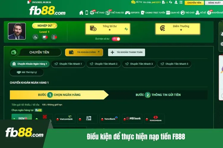 Điều kiện để thực hiện nạp tiền FB88