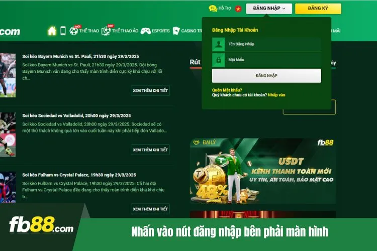 Nhấn vào nút đăng nhập bên phải màn hình